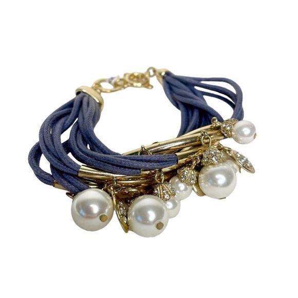 Corded Bracelet Multi Strand Faux Pearls Clear Crystal New Unbranded Gold Tone - Picture 1 of 7